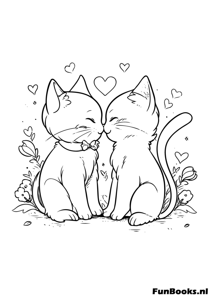 Twee schattige katten knuffelen samen met hartjes romantische anime kleurplaat