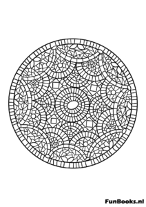 Detailliertes kreisförmiges Mosaik-Mandala mit kleinen Fliesen für Geduld Ausmalbild