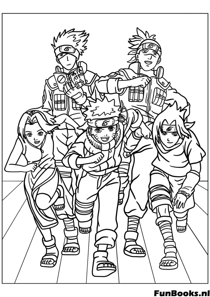 Große Gruppe von Naruto Freunden und Ninjas läuft zusammen Freundschaft Ausmalbild