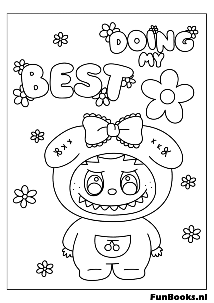 Labubu posing with stars and text BEST coloring page