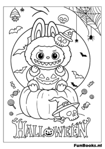 Labubu popping out of a Halloween pumpkin coloring page