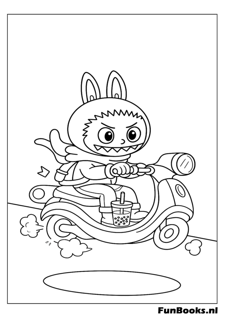 Labubu rijdt op een scooter motor kleurplaat