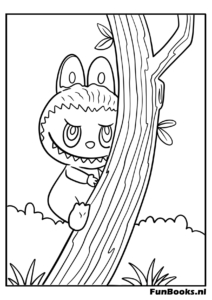 Labubu climbing and peeking from behind a tree coloring page