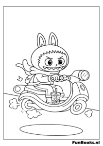 Labubu fährt auf einem Motorroller Ausmalbild