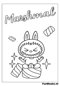 Labubu mit einer Tüte Marshmallows und Süßigkeiten Ausmalbild