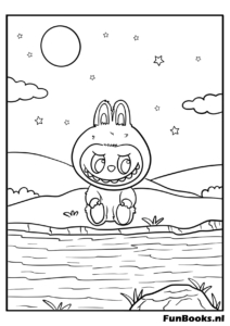 Labubu swimming with a floatie ring in the pool coloring sheet