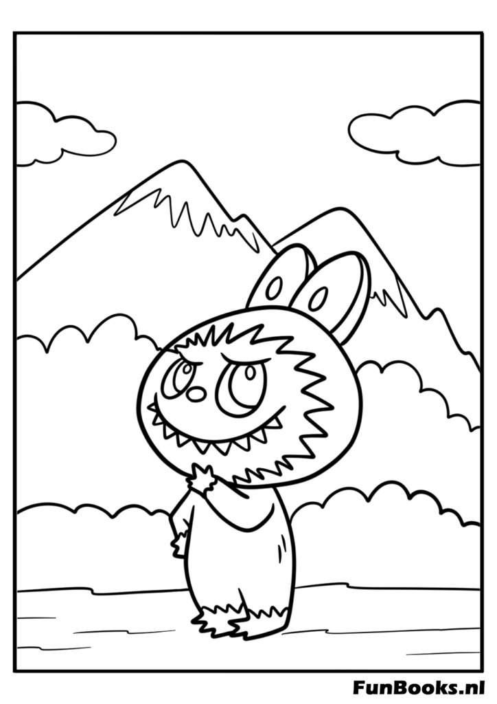 Labubu beim Wandern in den Bergen Ausmalbild