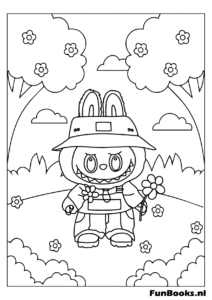 Labubu The Monsters wearing cute overalls printable coloring page
