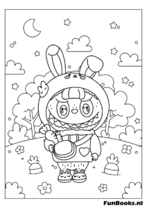 Labubu wearing winter clothes in the snow coloring page
