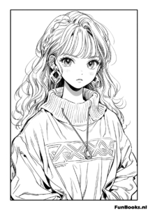 Wunderschönes Porträt eines Anime Mädchens mit langen welligen Haaren und Halskette Ausmalbild