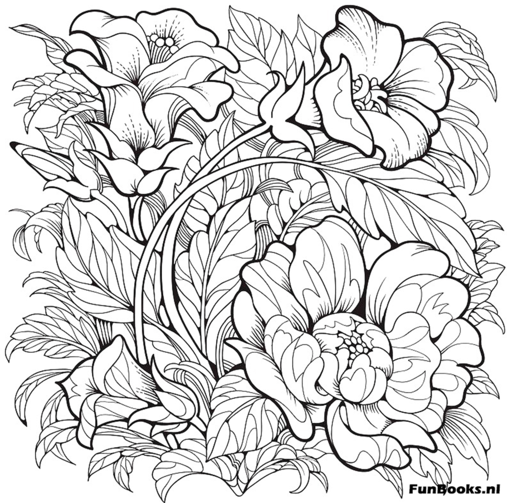 Large realistic peony blooms with layers of petals and leaves coloring page