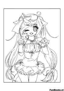 Cute magical girl character wearing a frilly dress and ribbons winking coloring page
