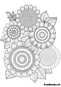 Strauß aus Mandala-Stil Blumen mit komplizierten Blütenblättern Kunsttherapie Ausmalbild