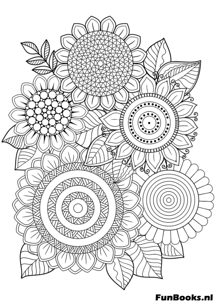 Bouquet of mandala style flowers with intricate petals art therapy coloring page