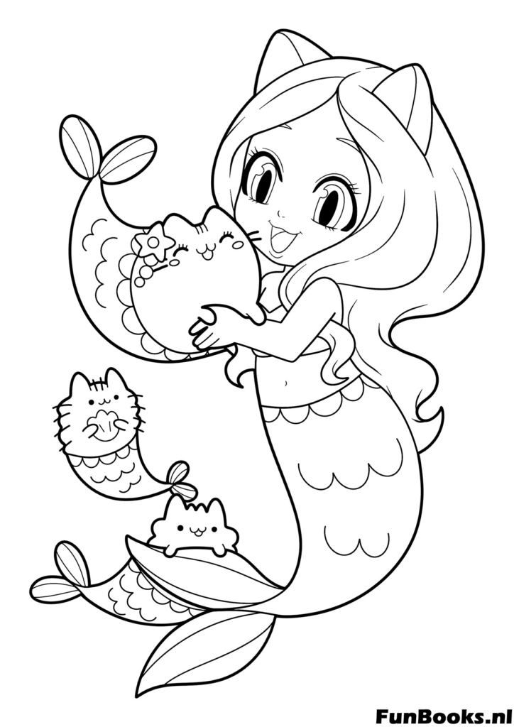 Fantasy mermaid cat or purrmaid swimming under water kawaii coloring page