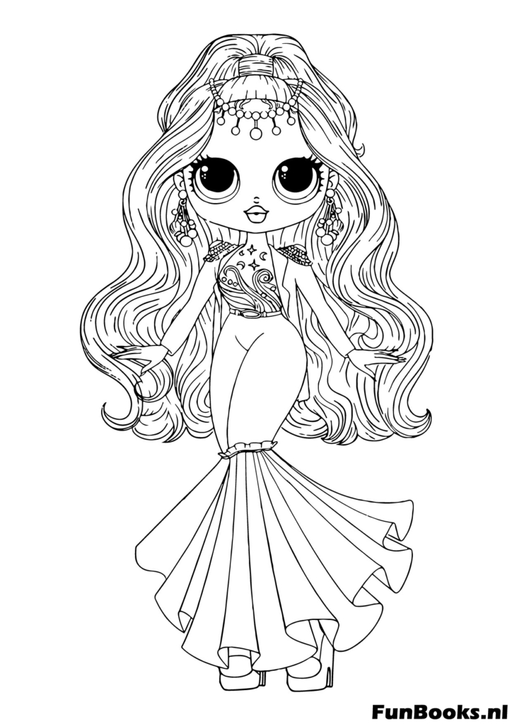 Beautiful LOL doll wearing a long mermaid style evening gown coloring page