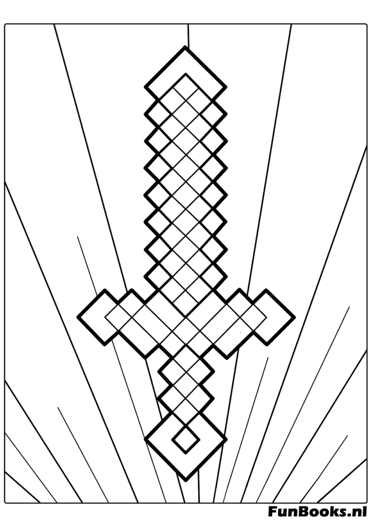 Large pixelated diamond sword weapon icon from Minecraft simple coloring sheet