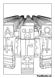 Pattern of various Minecraft mobs and characters standing together detailed coloring page