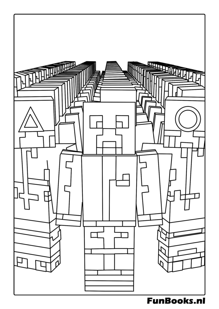 Pattern of various Minecraft mobs and characters standing together detailed coloring page