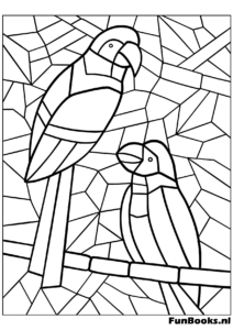 Zwei Papageien sitzen auf einem Ast im Mosaik-Buntglas-Kunststil Ausmalbild
