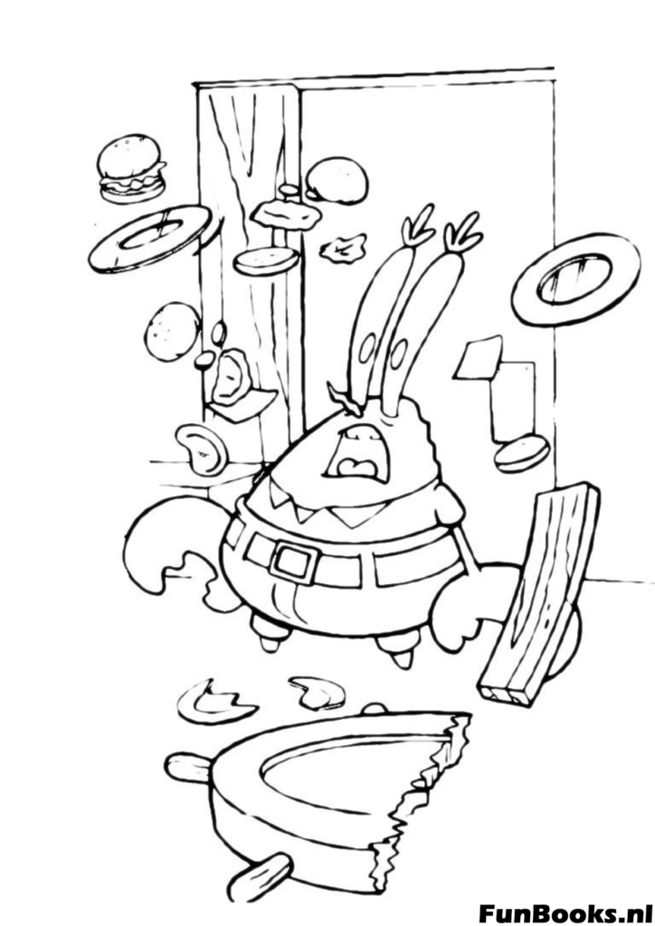 Mr. Krabs sieht panisch oder aufgeregt aus während Krabbenburger und Münzen in der Küche um ihn herumfliegen Ausmalbild