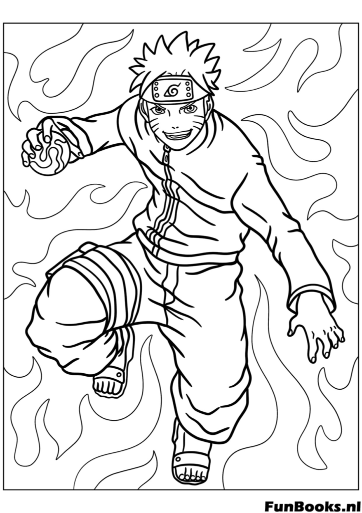 Naruto springt mit Energie nach vorne Anime Ninja Bewegung Ausmalbild