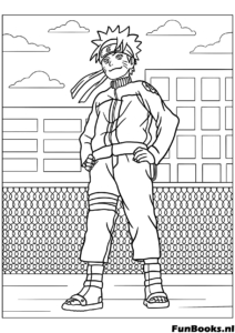 Naruto Uzumaki steht selbstbewusst mit Händen in den Hüften Anime Ninja Ausmalbild