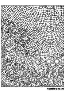 Artistic great wave and sunset landscape formed by mosaic stones coloring page