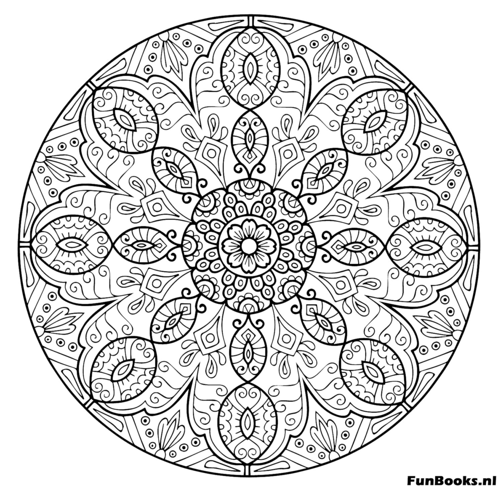 Ornate mandala with a beautiful flower center for relaxation coloring page