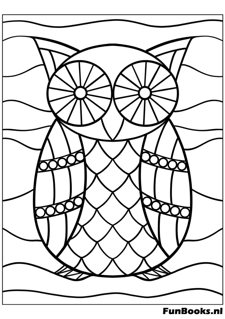 Wise owl standing with geometric segmented patterns coloring page