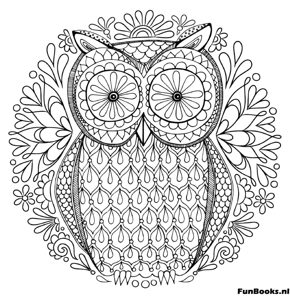 Detailed owl sitting in the center of a mandala wisdom coloring page