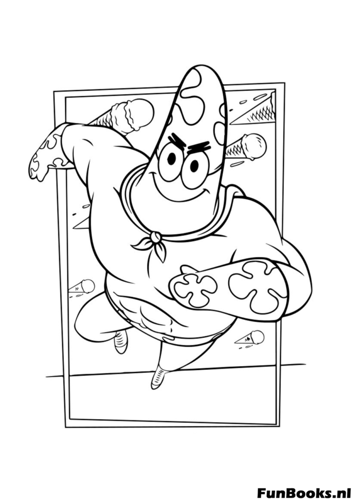 Patrick Star from SpongeBob SquarePants running fast with a big smile on his face looking excited and energetic coloring page