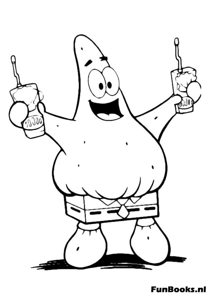Patrick Star hält zwei Getränkebecher und sieht glücklich und durstig aus bereit beide zu trinken Ausmalbild