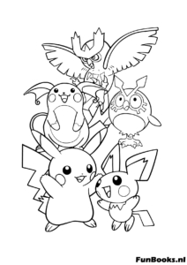 Group of cute Pokemon characters piled up together coloring page