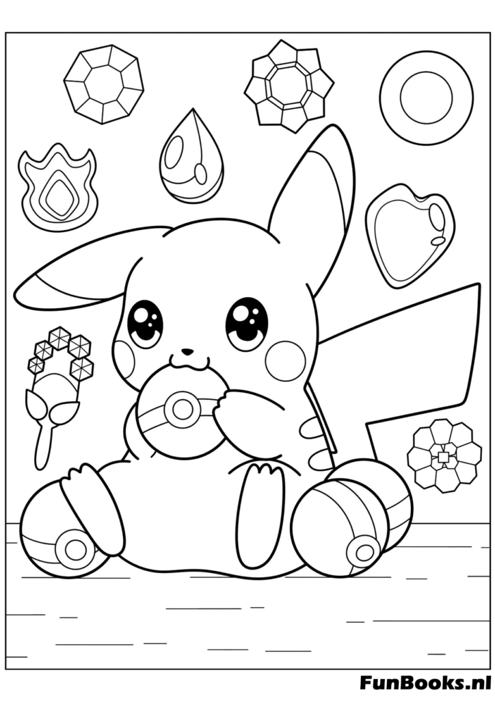 Blije Pikachu zit en eet zoete donuts kleurplaat