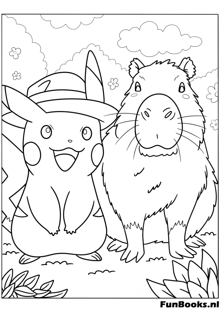 Pikachu en Psyduck staan samen in een bos omgeving kleurplaat