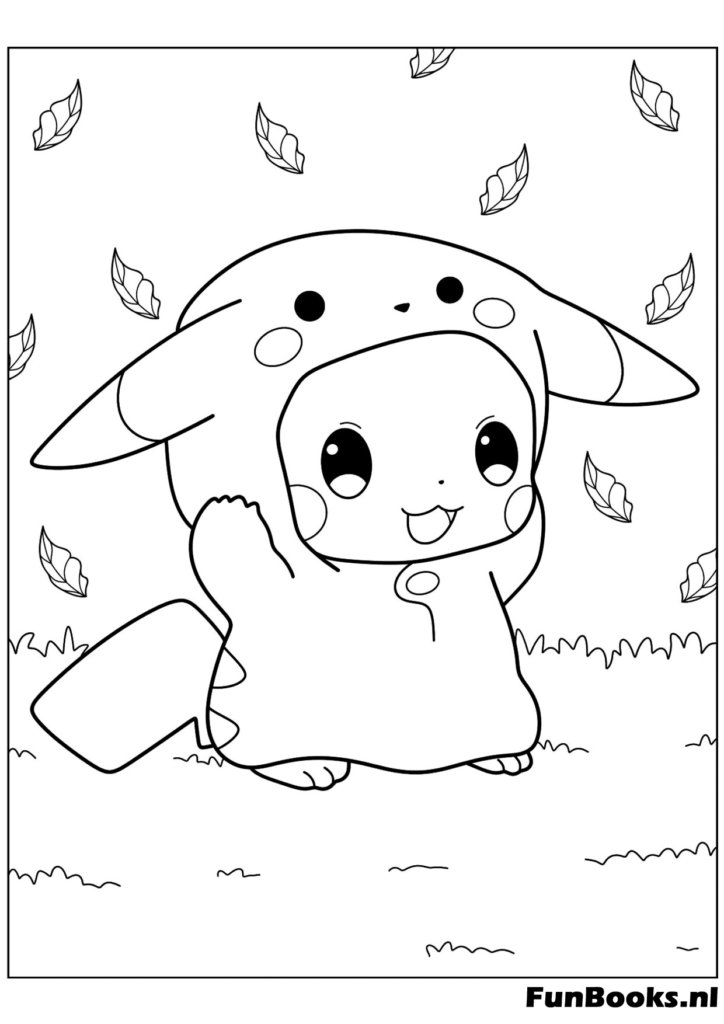 Süßes Pikachu trägt ein Hoodie-Kostüm und liegt Ausmalbild