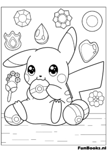 Glückliches Pikachu sitzt und isst süße Donuts Ausmalbild