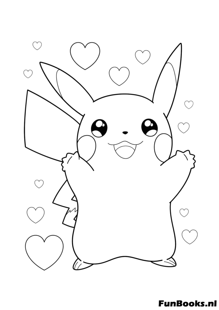 Pikachu sieht verliebt aus umgeben von schwebenden Herzen Ausmalbild