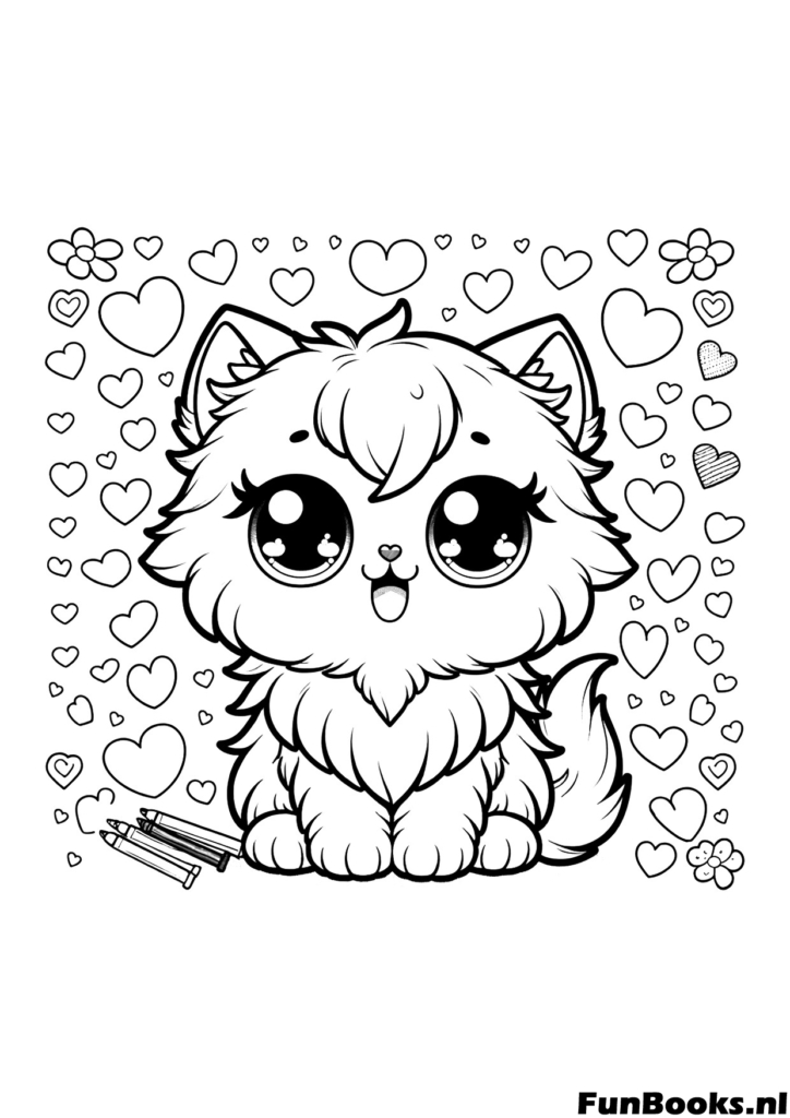 Close-up portret van een erg pluizige anime kat met grote ogen kleurplaat