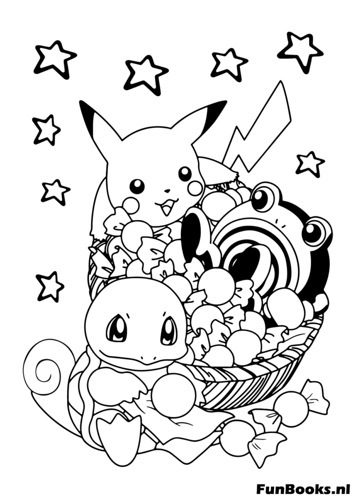 Pikachu Jigglypuff and friends celebrating with stars coloring page