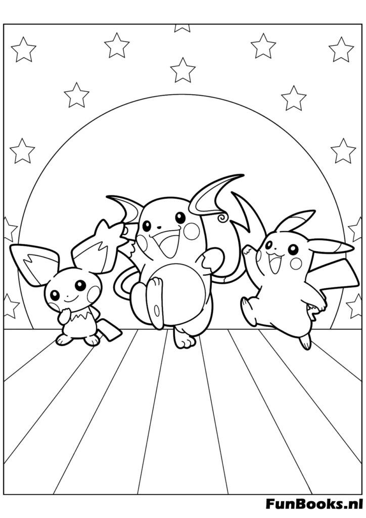 Pikachu met Bulbasaur Charmander en Squirtle spelen samen kleurplaat