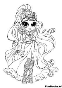 Royal LOL doll wearing a long princess gown and tiara coloring page