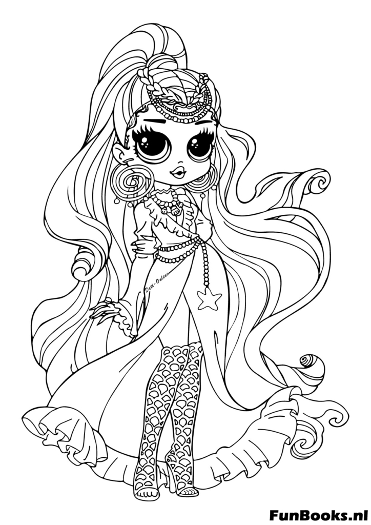 Royal LOL doll wearing a long princess gown and tiara coloring page