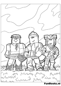 Three Roblox players or friends standing together with different skins coloring page