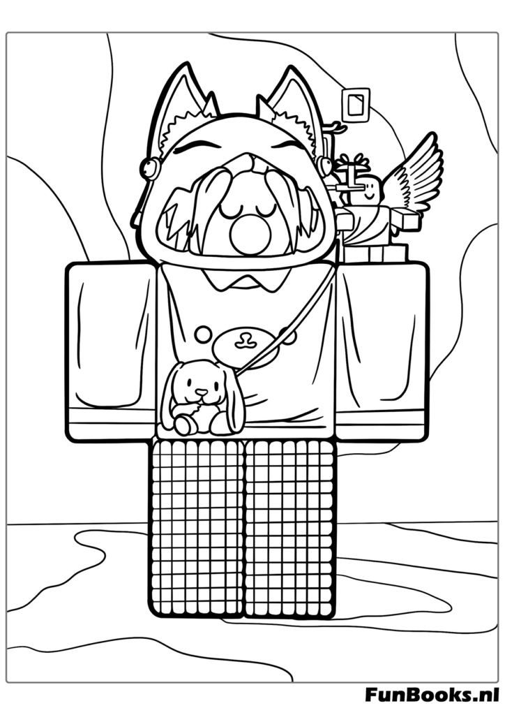 A stylish Roblox avatar wearing a fox or wolf hoodie outfit coloring page