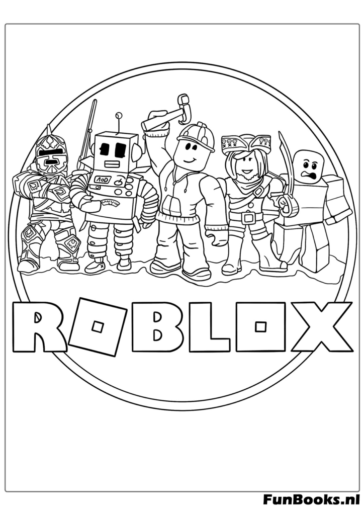 Diverse group of Roblox characters standing under the official logo coloring page