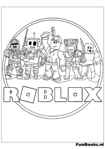 Diverse Gruppe von Roblox-Charakteren steht unter dem offiziellen Logo Ausmalbild