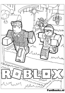 Avatars springen op zwevende platformen in een Roblox Obby spel kleurplaat