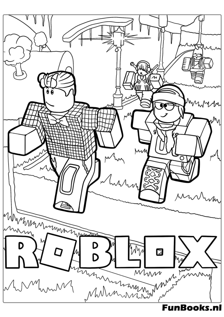 Avatars springen op zwevende platformen in een Roblox Obby spel kleurplaat